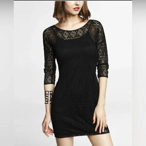 Vtg Express Sheer Crochet Black Dress XS Witchy Goth Grunge Dark Coquette Sheath